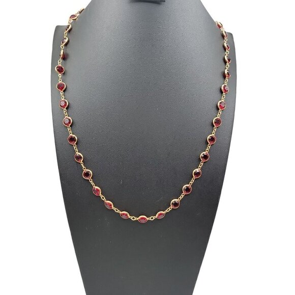 Swarovski Ruby Red Crystal Gold Plated Necklace 36" Coin Station Chain Vintage - Picture 1 of 13